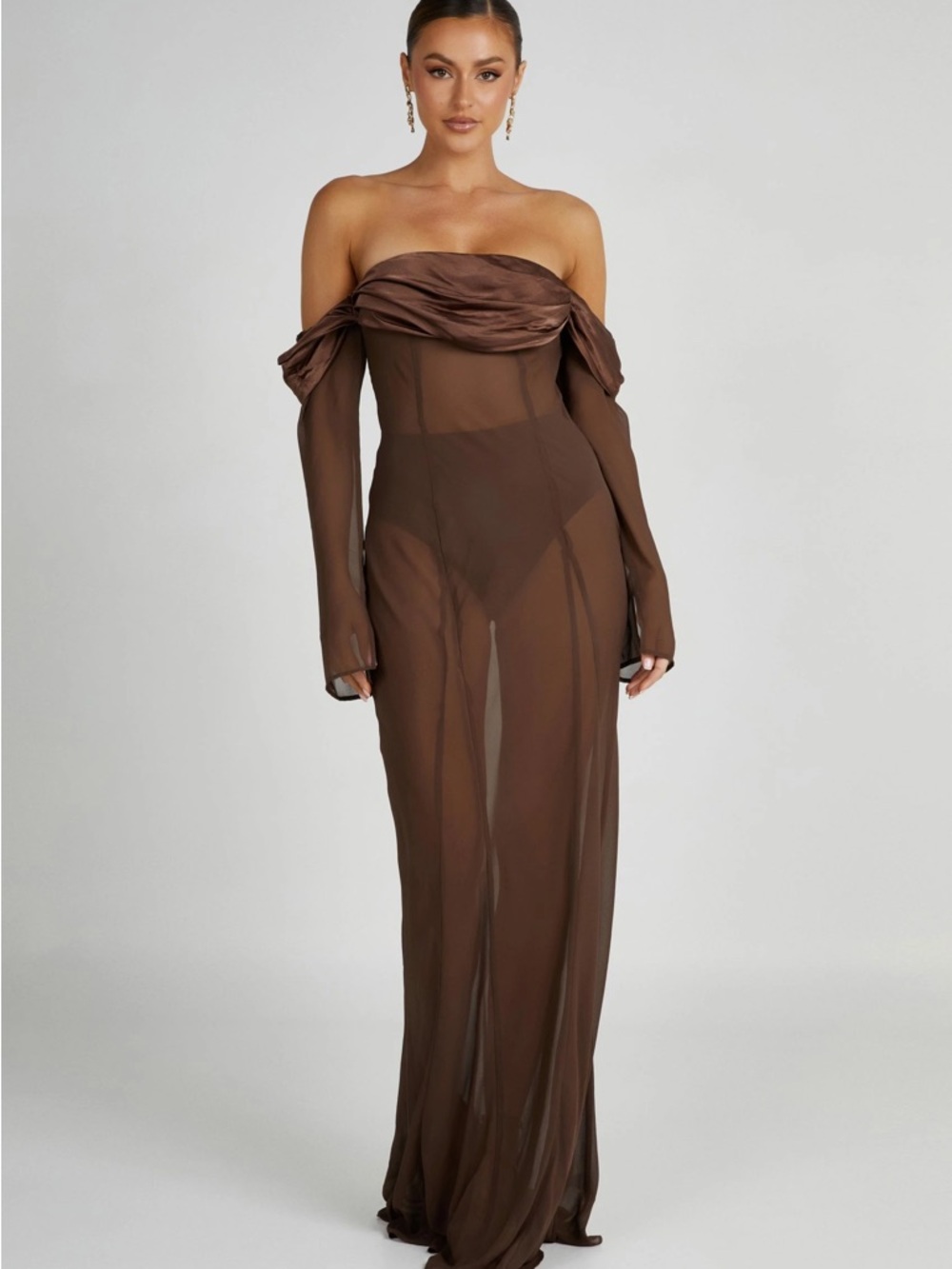 Meshki Strapless Brown Sheer Off-Shoulder Evening Gown